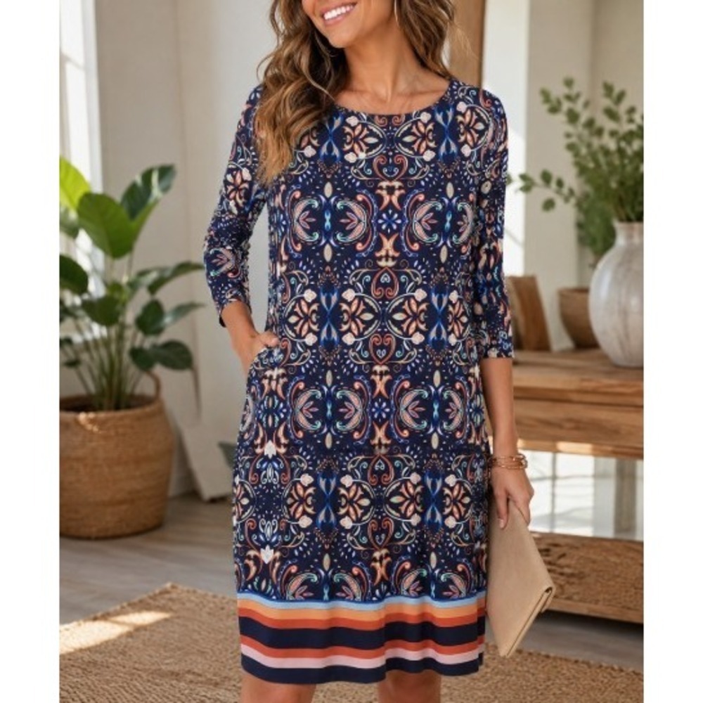 Vince Camuto Navy Blue Paisley Floral Sheath Dress 3/4 Sleeve Pockets Size 10